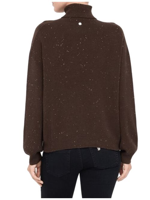 Dolcevita da donna in misto viscosa con micro paillettes, color cioccolato LIU JO | MF5234-MA27RA4367